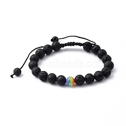 Pride Bracelets, Unisex Adjustable Nylon Thread Braided Bead Bracelets, with Natural Lava Rock Beads and Rainbow Stripe Resin Beads, Round, Inner Diameter: 2~3-5/8 inch(5.2~9.2cm)(BJEW-JB05423-01)