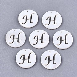 Natural Freshwater Shell Charms, Flat Round with Hollow Out Letter, Letter.H, 14.5x1.5mm, Hole: 0.9mm(SHEL-S276-119H)
