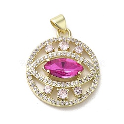 Brass Micro Pave Cubic Zirconia Pendants, with Glass, Real 18K Gold Plated, Flat Round with Eye, Fuchsia, 26x22x5.5mm, Hole: 3.3x3.7mm(KK-E092-30G-01)