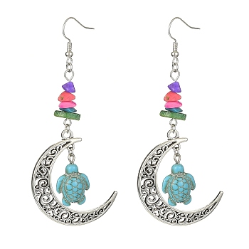 Dyed Synthetic Turquoise Crescent Moon with Tortoise Dangle Earring, Antique Silver Alloy Long Drop Earrings, Turquoise, 84x35mm