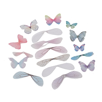 Organza Craft Butterfly & Wings, Sewing Craft Decoration, Mixed Styles, Mixed Color, 18~35x30~84x0.1mm, Hole: 1mm