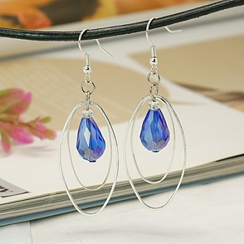 Trendy Glass Teardrop Dangle Earrings, with Brass Oval Rings and Brass Earring Hooks, Royal Blue, 65mm