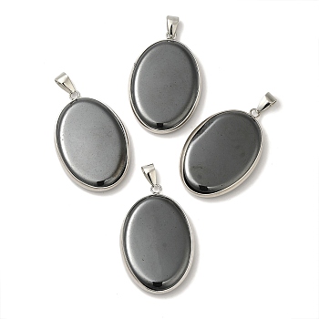 Synthetic Non-magnetic Hematite Pendants, Oval Charms with Platinum Plated Metal Findings, 39.5x26x6mm, Hole: 7.6x4mm