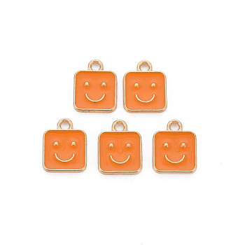 Alloy Enamel Charms, Cadmium Free & Lead Free, Light Gold, Square with Smile, Orange, 13x10x1.5mm, Hole: 1.6mm