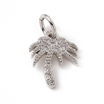 Brass Micro Pave Cubic Zirconia Charms, with Jump Ring, Coconut Tree Charm, Platinum, 12x9x1.5mm, Hole: 3mm