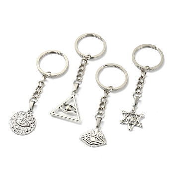 Tibetan Style Alloy Pendant Keychains, with Iron Split Key Rings, Star of David/Triangle/Flat Round with Eye, Antique Silver & Platinum, 8.3~9cm
