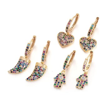 Brass Leverback Earrings, with Cubic Zirconia, Mixed Shapes, Colorful, Golden, 25~30.5mm, Pin: 1mm