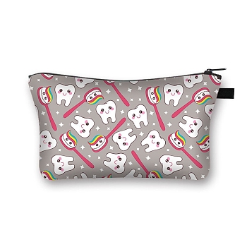 Cartoon Tooth Print Polyester Cosmetic Zipper Bag, Clutch Bags Ladies' Large Capacity Travel Storage Bag, Antique White, 21.5x13cm