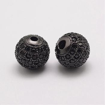 Brass Micro Pave Cubic Zirconia Beads, Round, Gunmetal, 10x9.5mm, Hole: 2mm