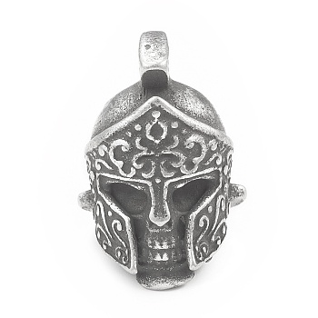 304 Stainless Steel Pendants, Armour Head Charm, Antique Silver, 38x25x24mm, Hole: 9mm