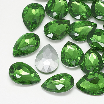 Pointed Back Glass Rhinestone Cabochons, Back Plated, Faceted, teardrop, Emerald, 14x10x4.5mm