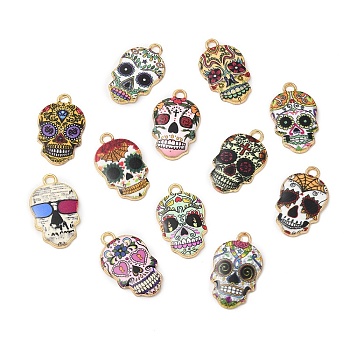 Eco-friendly Alloy Enamel Pendants, Sugar Skull Charm, for Mexico Holiday Day of The Dead, Mixed Color, 22x13x2mm, Hole: 2mm