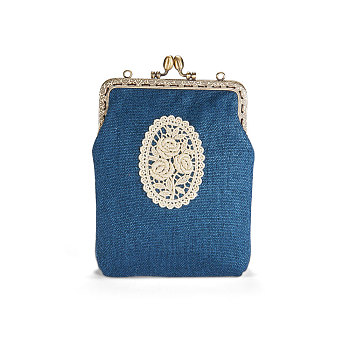 SHEGRACE Cotton and Linen Women Evening Bag, with Embroidered Lace Rose Flowers, Alloy Flower Purse Frame Handle, Alloy Twisted Cable Chains, Marine Blue, 190x140x40mm