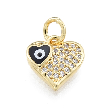 Brass Micro Pave Clear Cubic Zirconia Charms, with Enamel and Jump Rings, Golden, Heart with Evil Eye, Black, 10x10x2.5mm, Hole: 3mm