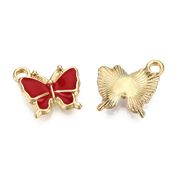 Light Gold Plated Alloy Charms, with Enamel, Butterfly, Red, 13x13.5x2.5mm, Hole: 1.8mm