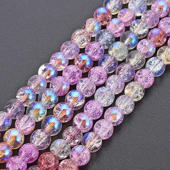 Electroplate Crackle Glass Bead Strands, AB Color Plated, Dyed & Heated, Round, Colorful, 6mm, Hole: 1mm, about 65~68pcs/strand, 15.35~15.75 inch(39~40cm)