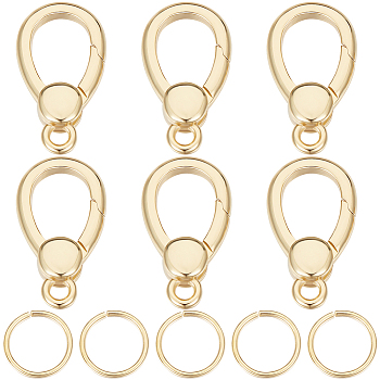 6Pcs Brass Spring Gate Rings, with 20Pcs Open Jump Rings, Real 18K Gold Plated, 16x9x3.5mm, Hole: 1.6mm