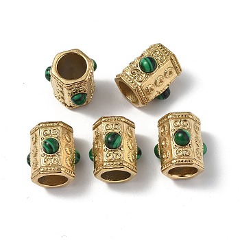 Vacuum Plating 201 Stainless Steel Beads, Large Hole Beads, with Synthetic Malachite, Column, Real 18K Gold Plated, 14.5x13.5x13mm, Hole: 7mm