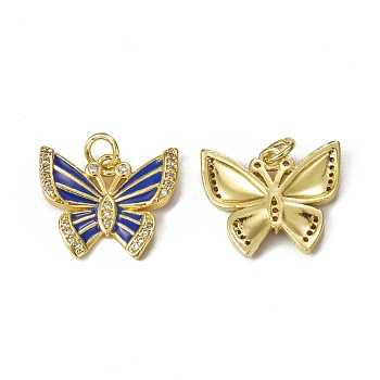 Brass Micro Pave Cubic Zirconia Pendants, with Jump Ring, Enamel Style, Butterfly Charm, Golden, Marine Blue, 15x18x2mm, Hole: 3mm