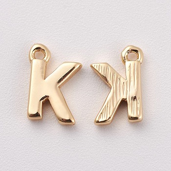 Brass Charms, Letter, Nickel Free, Real 18K Gold Plated, Letter.K, 8.5x6x1.5mm, Hole: 0.8mm