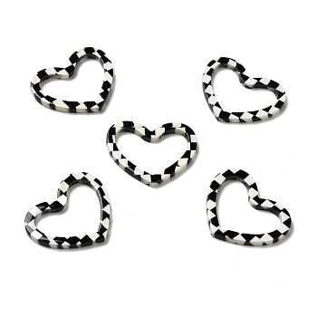 Acrylic Linking Rings, Heart with Tartan Pattern, Black & White, 23.5x29x2.5mm, Inner Diameter: 23x14mm