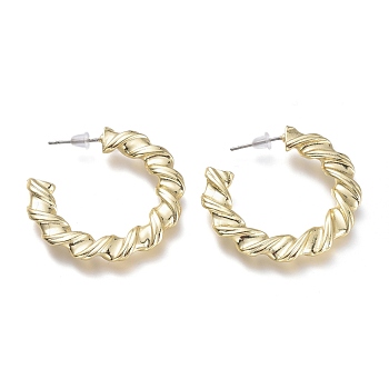 Brass Stud Earrings, Half Hoop Earrings, with 304 Stainless Steel Pins and Plastic Ear Nuts, Twist Flat Ring, Real 18K Gold Plated, 33x3.5mm, Pin: 0.7mm