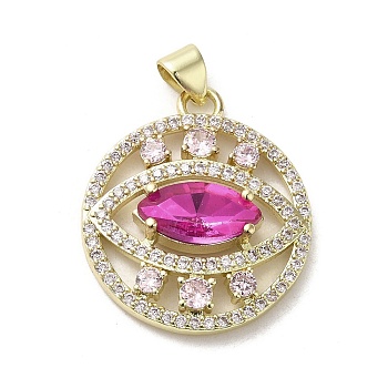 Brass Micro Pave Cubic Zirconia Pendants, with Glass, Real 18K Gold Plated, Flat Round with Eye, Fuchsia, 26x22x5.5mm, Hole: 3.3x3.7mm