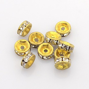 Brass Rhinestone Spacer Beads, Grade A, Straight Flange, Unplated, Rondelle, Crystal, 8x3.8mm