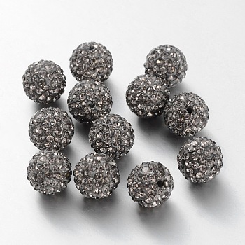 Pave Disco Ball Beads, Polymer Clay Rhinestone Beads, Grade A, Black Diamond, PP15(2.1~2.2mm), 14mm, Hole: 2mm
