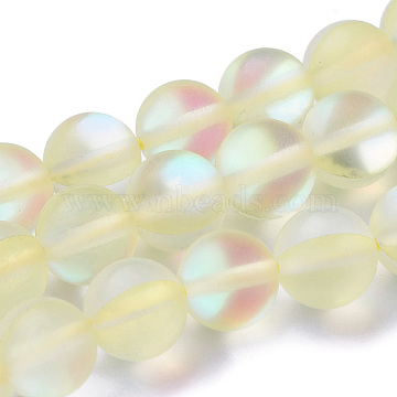 Synthetic Moonstone Beads Strands, Dyed, Holographic Beads, Half AB Color Plated, Frosted, Round, LightYellow, 12mm, Hole: 1mm; about 32pcs/strand, 15inches(G-F142-12mm-14)