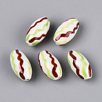 Handmade Porcelain Beads, Hand Painted Ceramic Beads, Famille Rose Porcelain, Oval, Green Yellow, 17.5~19x10mm, Hole: 1.6~2mm(PORC-T134-15B)