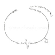SHEGRACE Rhodium Plated 925 Sterling Silver Link Anklets, with Cable Chains, Heartbeat and Heart, Platinum, 8-1/4 inch(21cm)(JA163A)