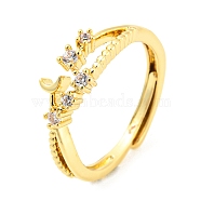 Crescent Moon Brass Adjustable Ring with Cubic Zirconia, Lead Free & Cadmium Free, Real 18K Gold Plated, Us Size 5 3/4(16.3mm)(RJEW-Q781-06G)