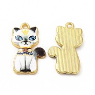 Rack Plating Alloy Pendants, Printed, Lead Free & Cadmium Free & Nickel Free, Cat Charm, Light Gold, White, 23x14x2mm, Hole: 1.6mm(FIND-H043-01LG-06)