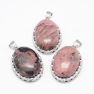 Natural Rhodonite Pendants, with Brass Findings, Oval, Platinum, 30x21x10~11mm, Hole: 6x4mm(G-D851-26)