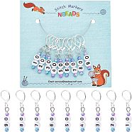 9 Pcs 9 Style Acrylic Beaded Number Crochet Charm, Removable Knitting Stitch Marker, Knitting Tools, Number 10/20/30/40/50/60/70/80/90, Silver Color Plated, 43mm, Pin: 0.8mm, 1pc/style(HJEW-NB0001-43)