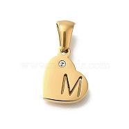 304 Stainless Steel Heart Pendants with Rhinestone, Golden, Letter M, 11x13x2.5mm, Hole: 5x3mm(STAS-Z103-01G-13)