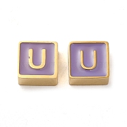 304 Stainless Steel Enamel Beads, Real 14K Gold Plated, Square with Letter, Letter U, 8x8x4mm, Hole: 2mm(STAS-L022-293G-U)
