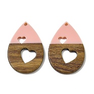 Resin and Walnut Pendants, Teardrop with Hear, for Valentine's Day Gift, Pink, 38x25x3.5mm, Hole: 1.8mm(WOOD-I013-07B)