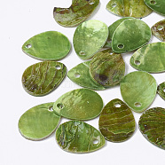 Spray Painted Natural Akoya Shell Charms, Mother of Pearl Shell Pendants, teardrop, Lime Green, 9~10x12~13x1mm, Hole: 1mm(SHEL-T007-65C)