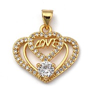 Brass Micro Pave Clear Cubic Zirconia Pendants, Long-Lasting Plated, with Snap on Bails, for Valentine's Day, Heart with Word Love, Real 18K Gold Plated, 19x21x5mm, Hole: 3.5x4mm(ZIRC-A013-57G)