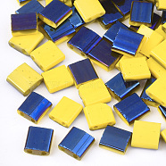 Electroplate Opaque Glass Seed Beads, 2-Hole, Rectangle, Blue Plated, Yellow, 5x4.5~5.5x2~2.5mm, Hole: 0.5~0.8mm(SEED-S023-18C-04E)