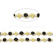 Handmade Brass Flat Round & Heart Link Chains, with Black Glass Beaded, Soldered, with Spool, Real 18K Gold Plated, 6.5x13x2.5mm, 6.5x12.5x2mm, 6.5x5.5x2mm(CHC-F015-09G)