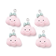 Opaque Resin Pendants, with Platinum Tone Iron Loops, Smiling Cloud with Bowknot, Pearl Pink, 24.5x22x7.5mm, Hole: 2mm(X-RESI-F030-08)