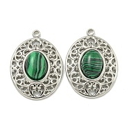 304 Stainless Steel Pendants, Synthetic Malachite Oval Charms, Stainless Steel Color, 21.5x15x5mm, Hole: 14mm(STAS-L012-359D-P)