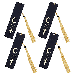 Brass Bookmarks, with Polyester Tassel & Plastic Beads, Rectangle with Moon & Feather, Black, 250mm(AJEW-WH0258-391)