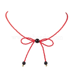 Glass Seed Pendant Necklaces for Women, Bowknot, Red, 15.94 inch(40.5cm)(NJEW-MZ00031-03)