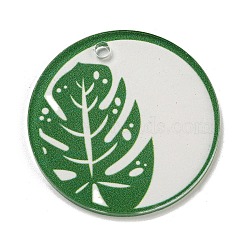 Opaque Acrylic Pendants, Flat Round with Leaf, Green, 45x3mm, Hole: 3.5mm(BACR-C001-01B)