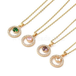 Brass Micro Pave Cubic Zirconia Pendant Necklaces for Women, 201 Stainless Steel Cable Chain Necklaces, Ring, Mixed Color, 16.14 inch(41cm)(NJEW-E106-15KCG)