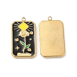 PVD Vacuum Plating 201 Stainless Steel Enamel Pendants, Real 18K Gold Plated, Rectangle with Rose Charm, Black, 22.5x13x2.5mm, Hole: 1.2mm(STAS-J401-VC1052)